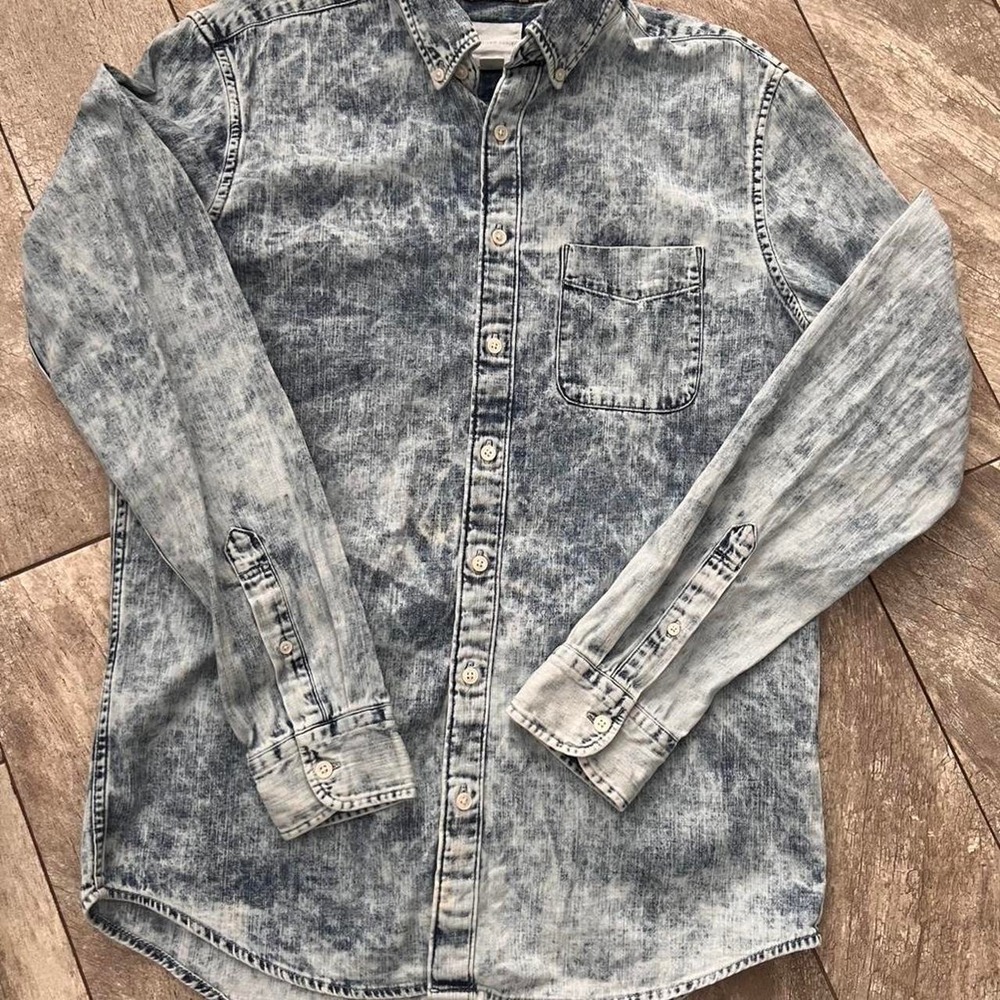 American Eagle Acid Wash Long Sleeve Denim Shirt Denim Shirt Men's Medium Tall